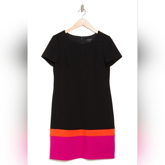 Tahari Asl Scoop Neck Short Sleeve Sheath Stretch Crepe Short Dress - Picture 4 of 5